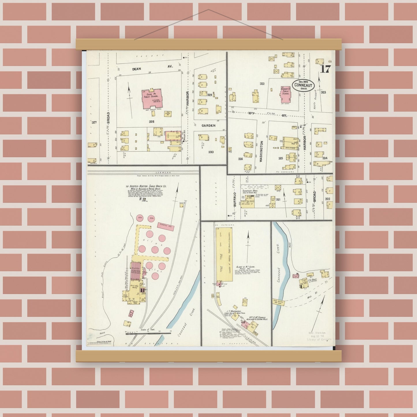 Old map wall art mockup — magnetic wood frame on brick wall — Sanborn Fire Insurance Map from Conneaut, Ashtabula County, Ohio (1902), Sheet #0017