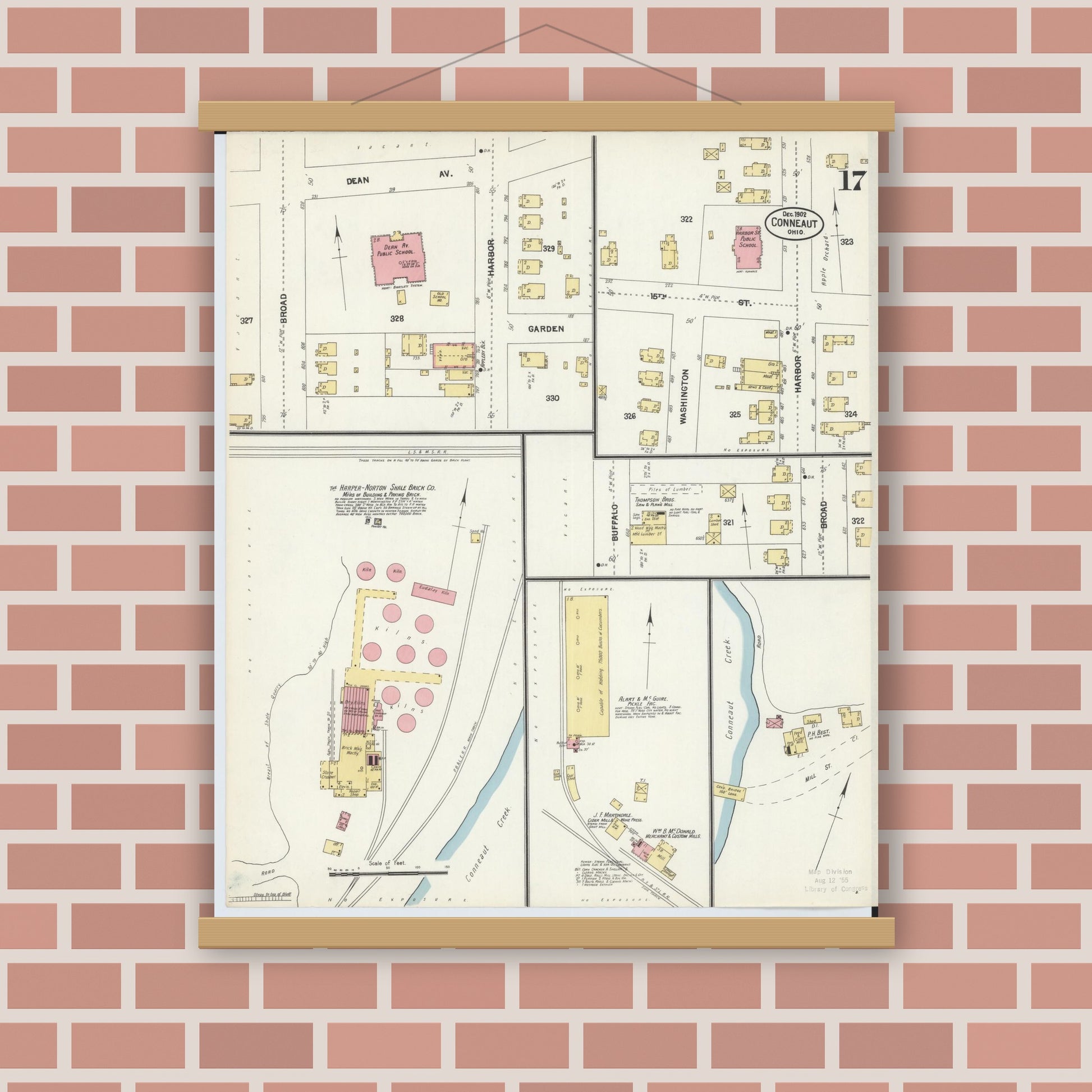 Old map wall art mockup — magnetic wood frame on brick wall — Sanborn Fire Insurance Map from Conneaut, Ashtabula County, Ohio (1902), Sheet #0017