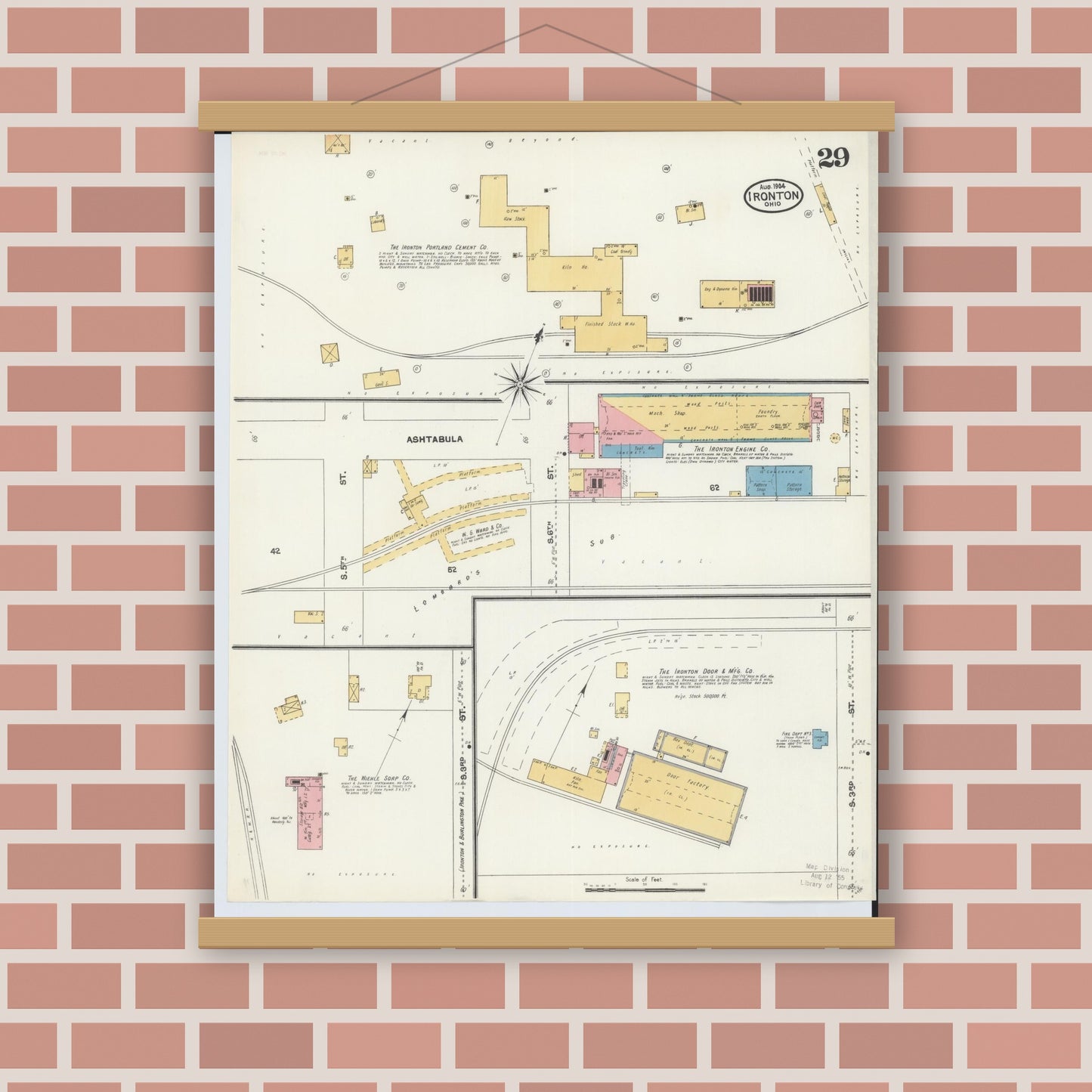 Old map wall art mockup — magnetic wood frame on brick wall — Sanborn Fire Insurance Map from Ironton, Lawrence County, Ohio (1904), Sheet #0029