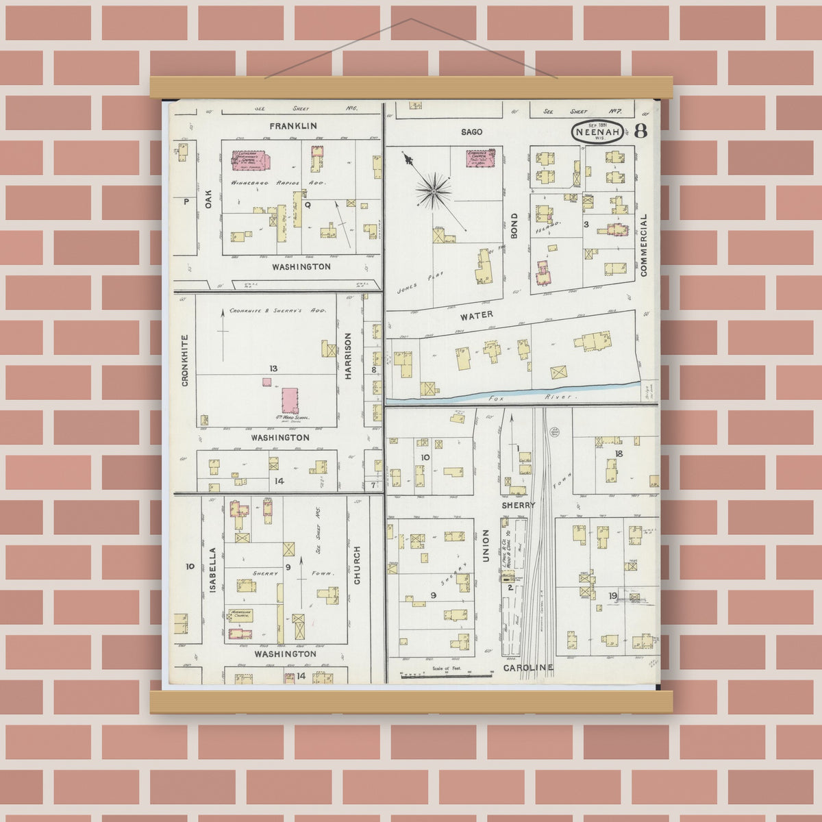 Old map wall art mockup — magnetic wood frame on brick wall — Sanborn Fire Insurance Map from Neenah, Winnebago County, Wisconsin (1891), Sheet #0008
