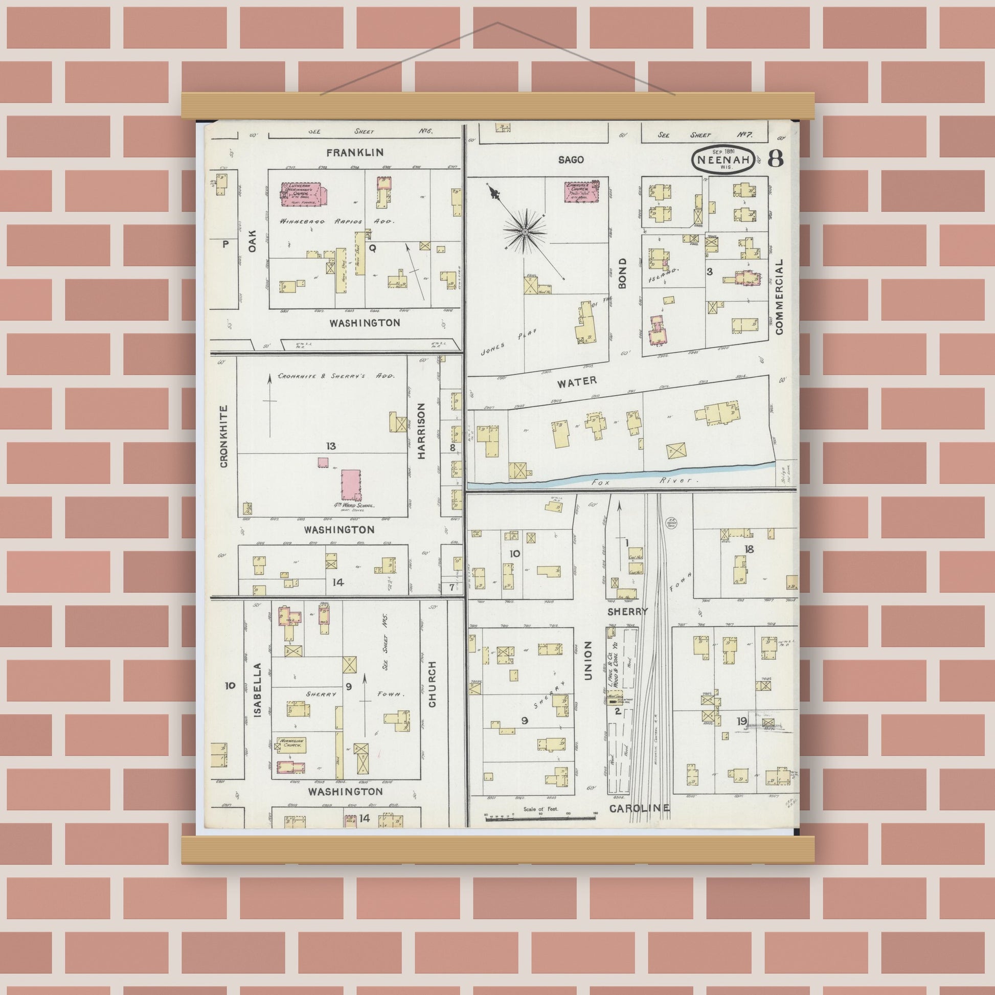Old map wall art mockup — magnetic wood frame on brick wall — Sanborn Fire Insurance Map from Neenah, Winnebago County, Wisconsin (1891), Sheet #0008