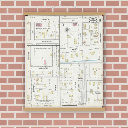 Old map wall art mockup — magnetic wood frame on brick wall — Sanborn Fire Insurance Map from Neenah, Winnebago County, Wisconsin (1891), Sheet #0008