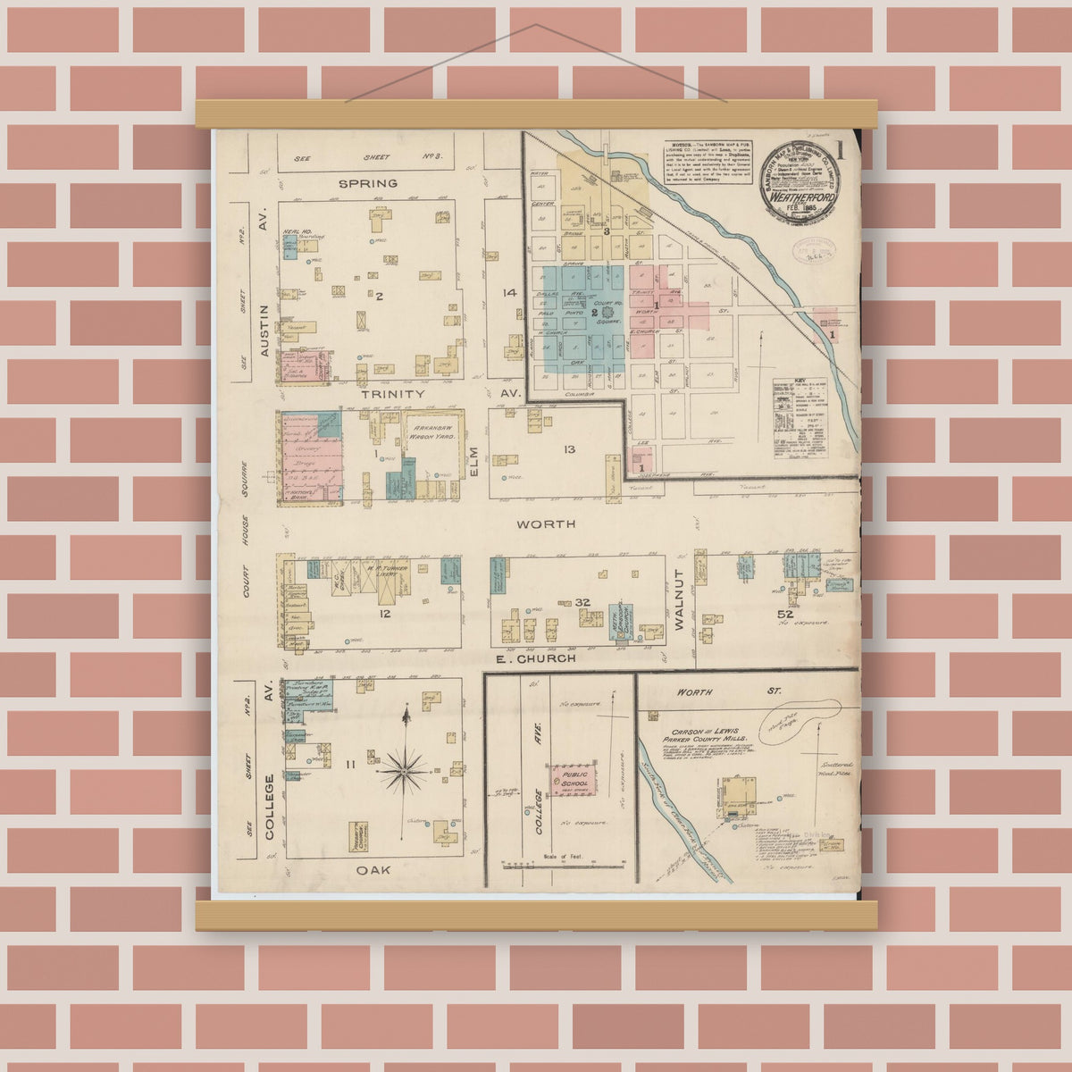 Old map wall art mockup — magnetic wood frame on brick wall — Sanborn Fire Insurance Map from Weatherford, Parker County, Texas (1885) - Complete Map Set