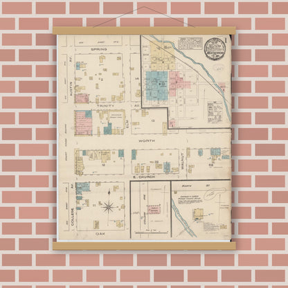 Old map wall art mockup — magnetic wood frame on brick wall — Sanborn Fire Insurance Map from Weatherford, Parker County, Texas (1885) - Complete Map Set