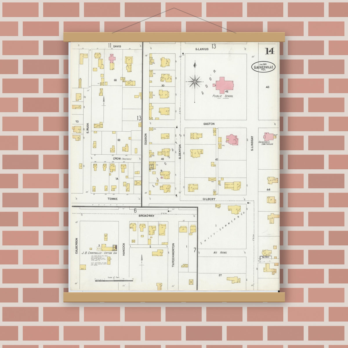 Old map wall art mockup — magnetic wood frame on brick wall — Sanborn Fire Insurance Map from Gainesville, Cooke County, Texas (1902), Sheet #0014