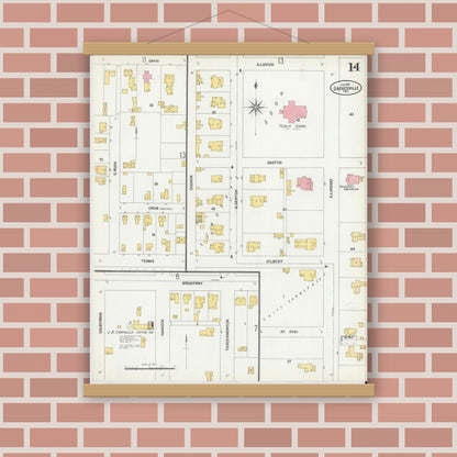 Old map wall art mockup — magnetic wood frame on brick wall — Sanborn Fire Insurance Map from Gainesville, Cooke County, Texas (1902), Sheet #0014