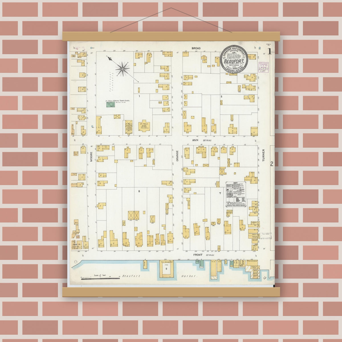 Old map wall art mockup — magnetic wood frame on brick wall — Sanborn Fire Insurance Map from Beaufort, Carteret County, North Carolina (1904), Sheet #0001
