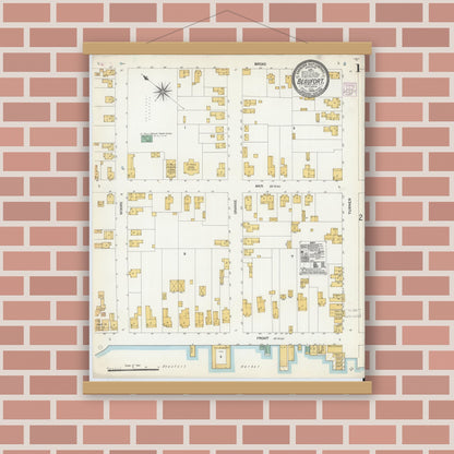 Old map wall art mockup — magnetic wood frame on brick wall — Sanborn Fire Insurance Map from Beaufort, Carteret County, North Carolina (1904), Sheet #0001
