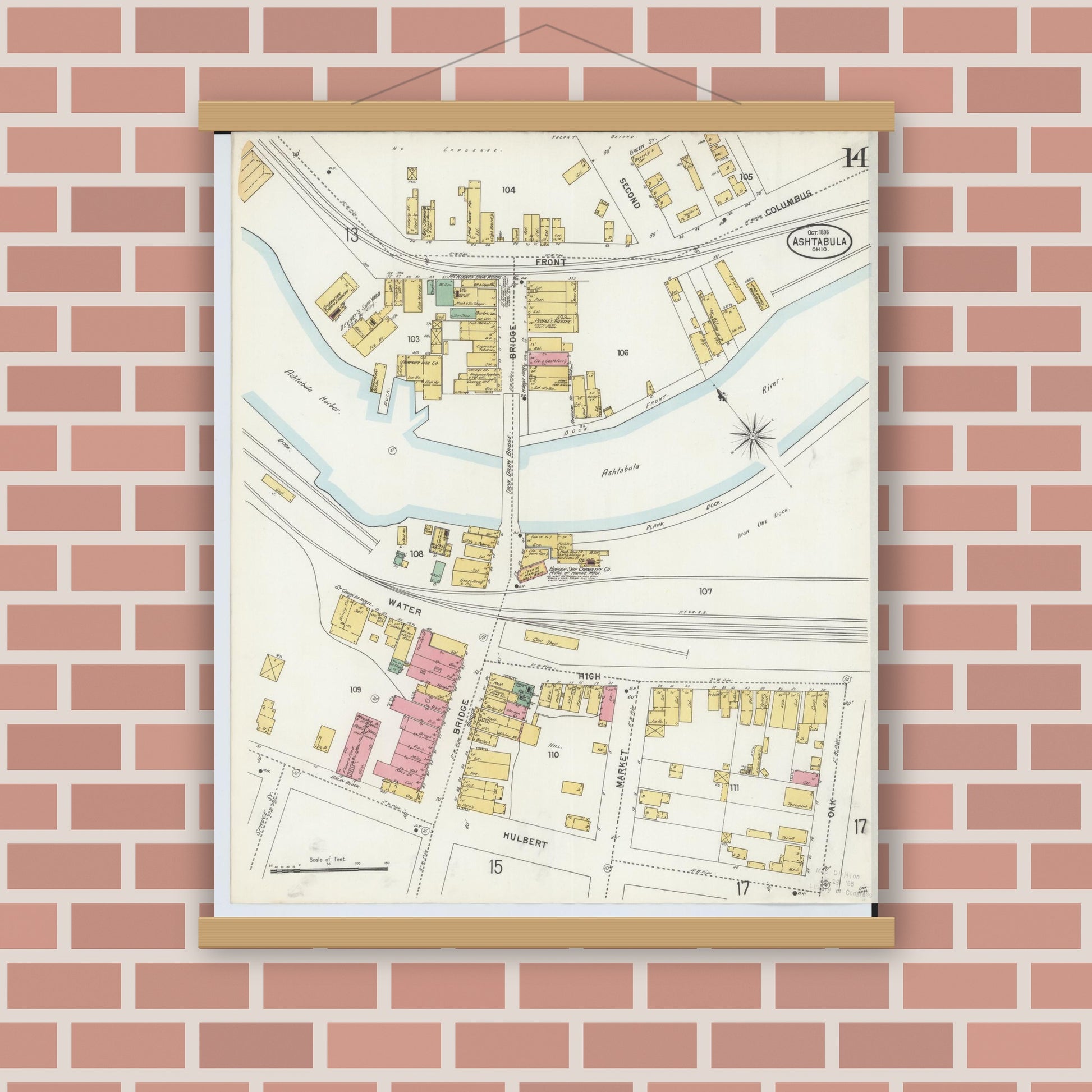 Old map wall art mockup — magnetic wood frame on brick wall — Sanborn Fire Insurance Map from Ashtabula, Ashtabula County, Ohio (1898), Sheet #0014