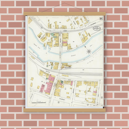 Old map wall art mockup — magnetic wood frame on brick wall — Sanborn Fire Insurance Map from Ashtabula, Ashtabula County, Ohio (1898), Sheet #0014