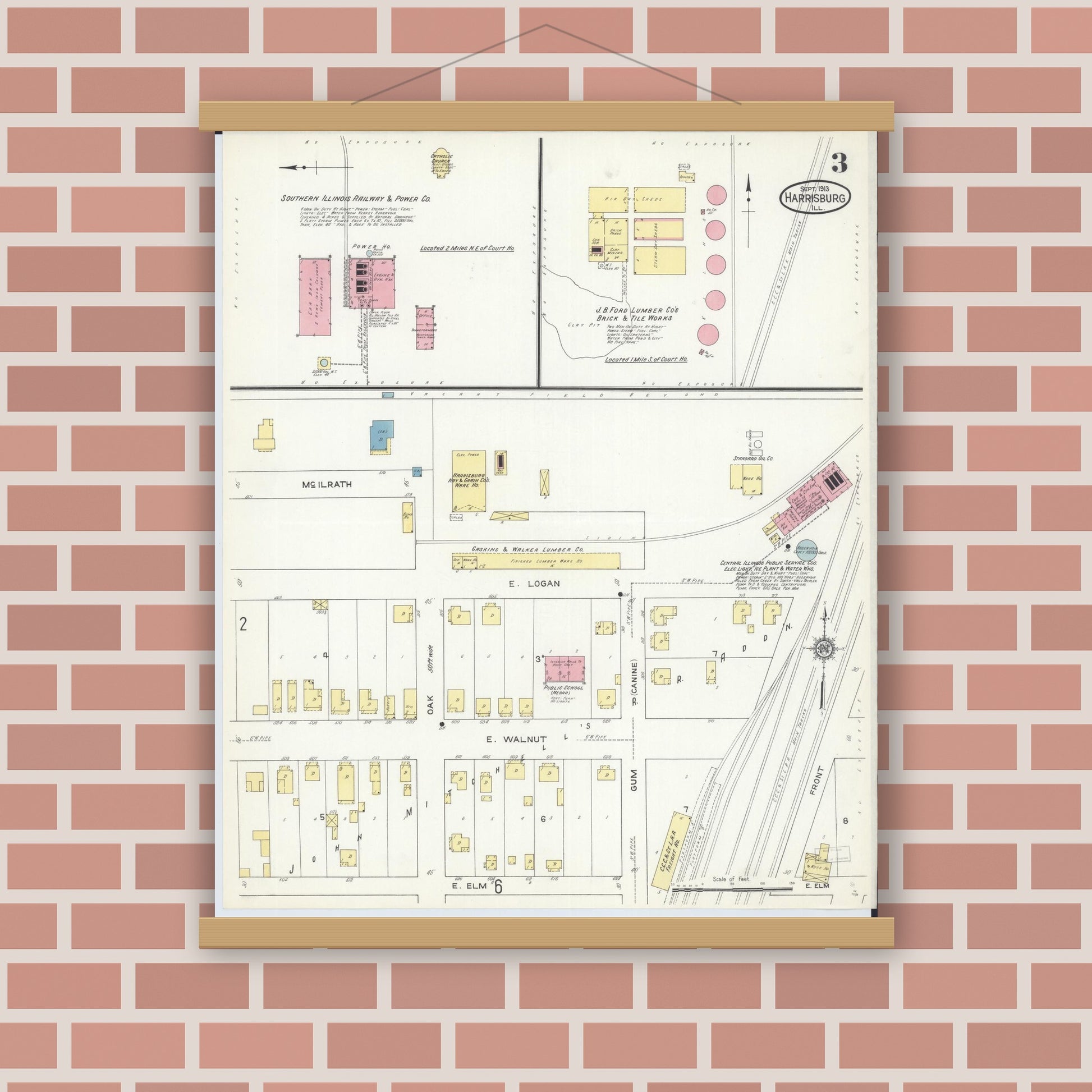 Old map wall art mockup — magnetic wood frame on brick wall — Sanborn Fire Insurance Map from Harrisburg, Saline County, Illinois (1913), Sheet #0003