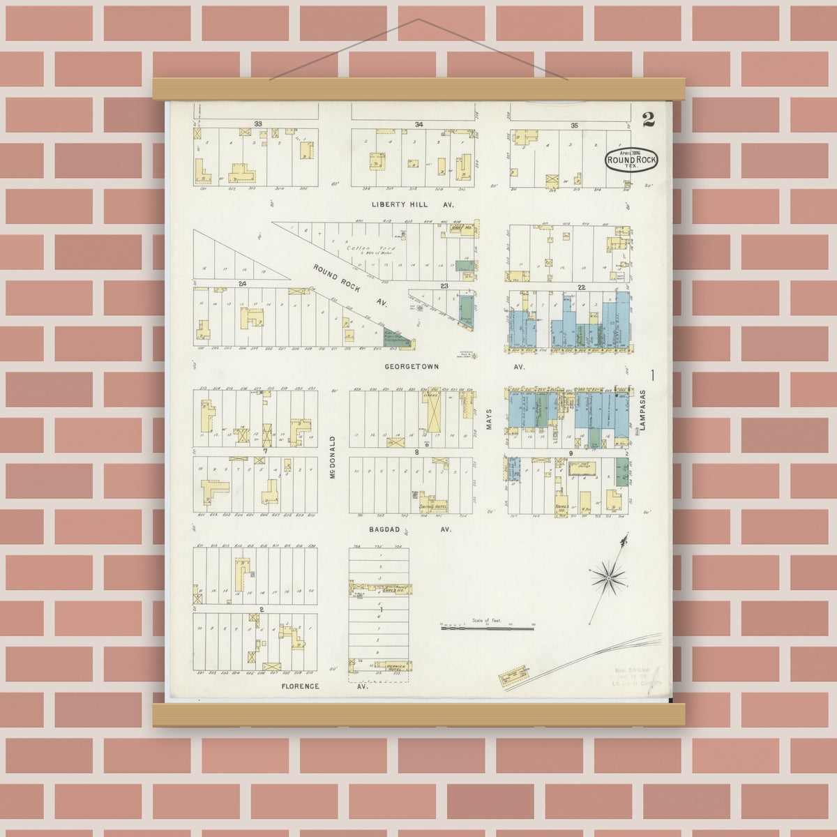 Old map wall art mockup — magnetic wood frame on brick wall — Sanborn Fire Insurance Map from Round Rock, Williamson County, Texas (1896), Sheet #0002