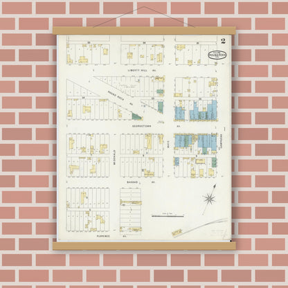 Old map wall art mockup — magnetic wood frame on brick wall — Sanborn Fire Insurance Map from Round Rock, Williamson County, Texas (1896), Sheet #0002