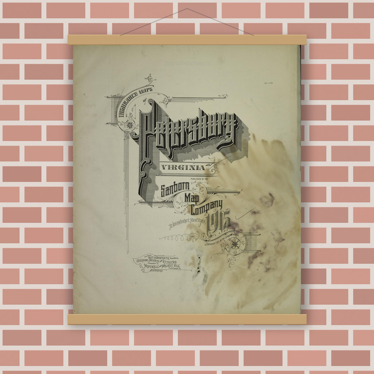 Old map wall art mockup — magnetic wood frame on brick wall — Sanborn Fire Insurance Map from Petersburg, Independent Cities, Virginia (1915), Sheet #0001