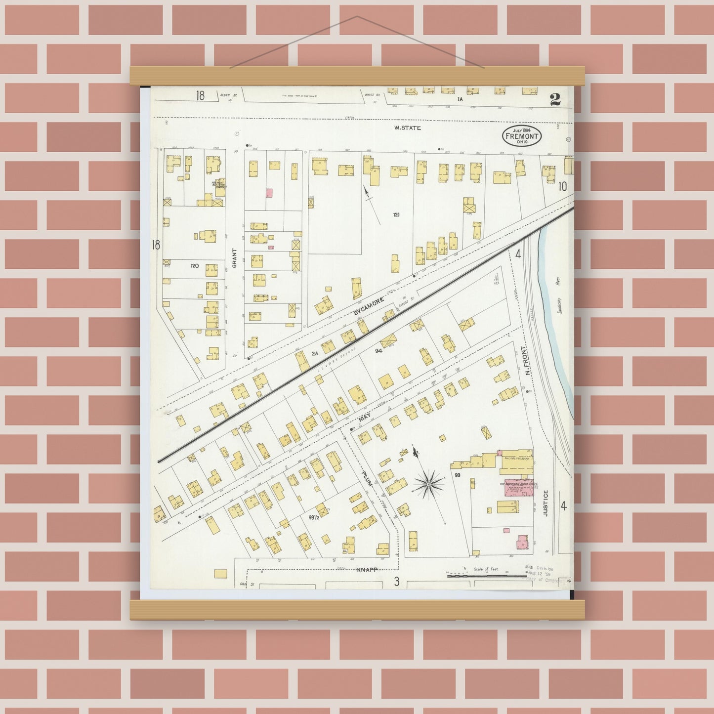Old map wall art mockup — magnetic wood frame on brick wall — Sanborn Fire Insurance Map from Fremont, Sandusky County, Ohio (1904), Sheet #0002