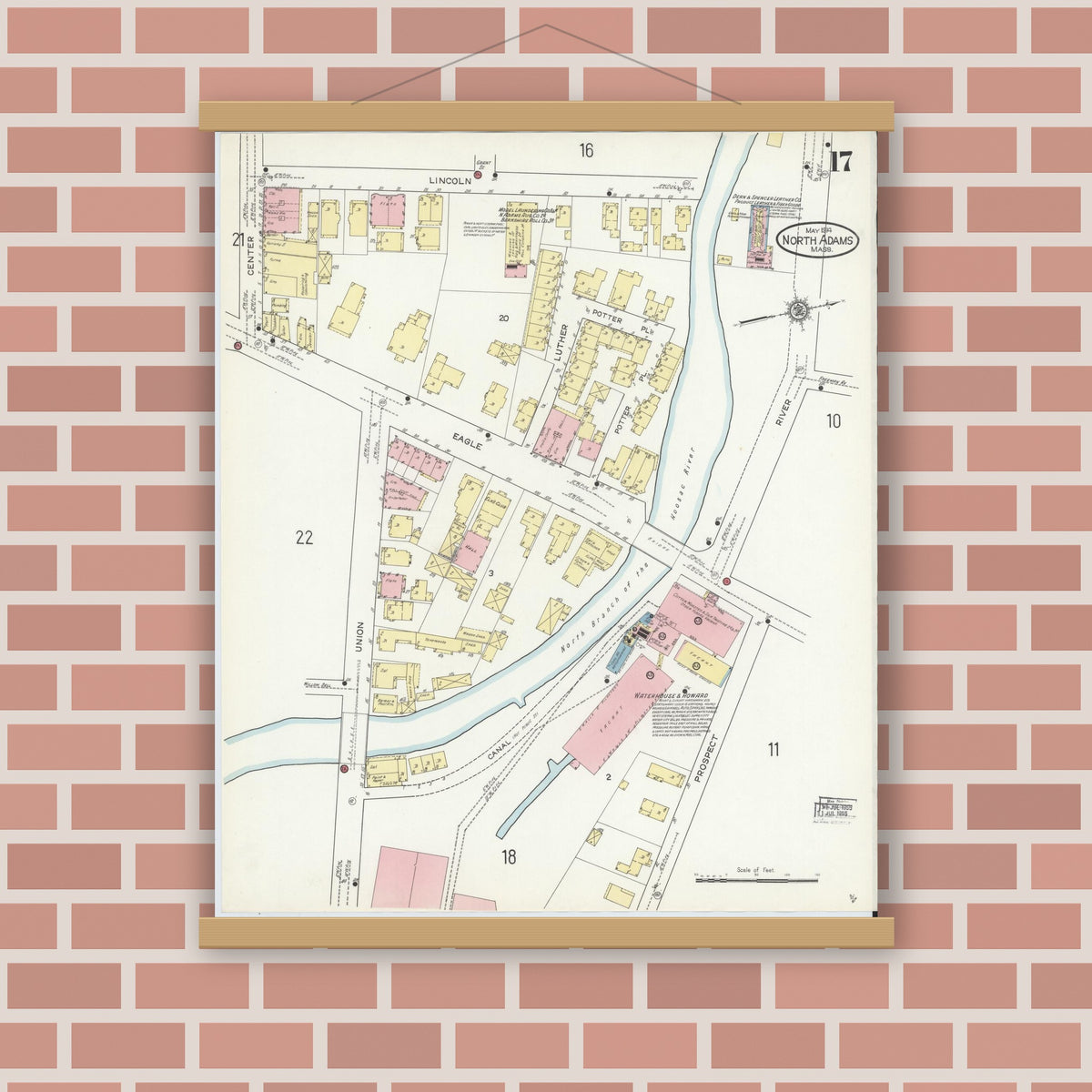 Old map wall art mockup — magnetic wood frame on brick wall — Sanborn Fire Insurance Map from North Adams, Berkshire County, Massachusetts (1914), Sheet #0017