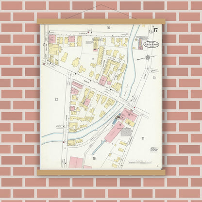 Old map wall art mockup — magnetic wood frame on brick wall — Sanborn Fire Insurance Map from North Adams, Berkshire County, Massachusetts (1914), Sheet #0017