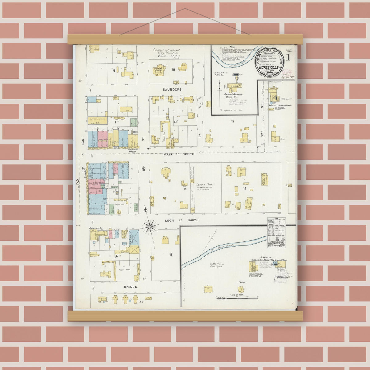 Old map wall art mockup — magnetic wood frame on brick wall — Sanborn Fire Insurance Map from Gatesville, Coryell County, Texas (1896) - Complete Map Set