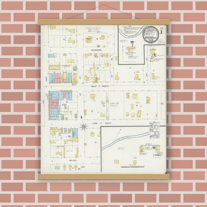 Old map wall art mockup — magnetic wood frame on brick wall — Sanborn Fire Insurance Map from Gatesville, Coryell County, Texas (1896) - Complete Map Set