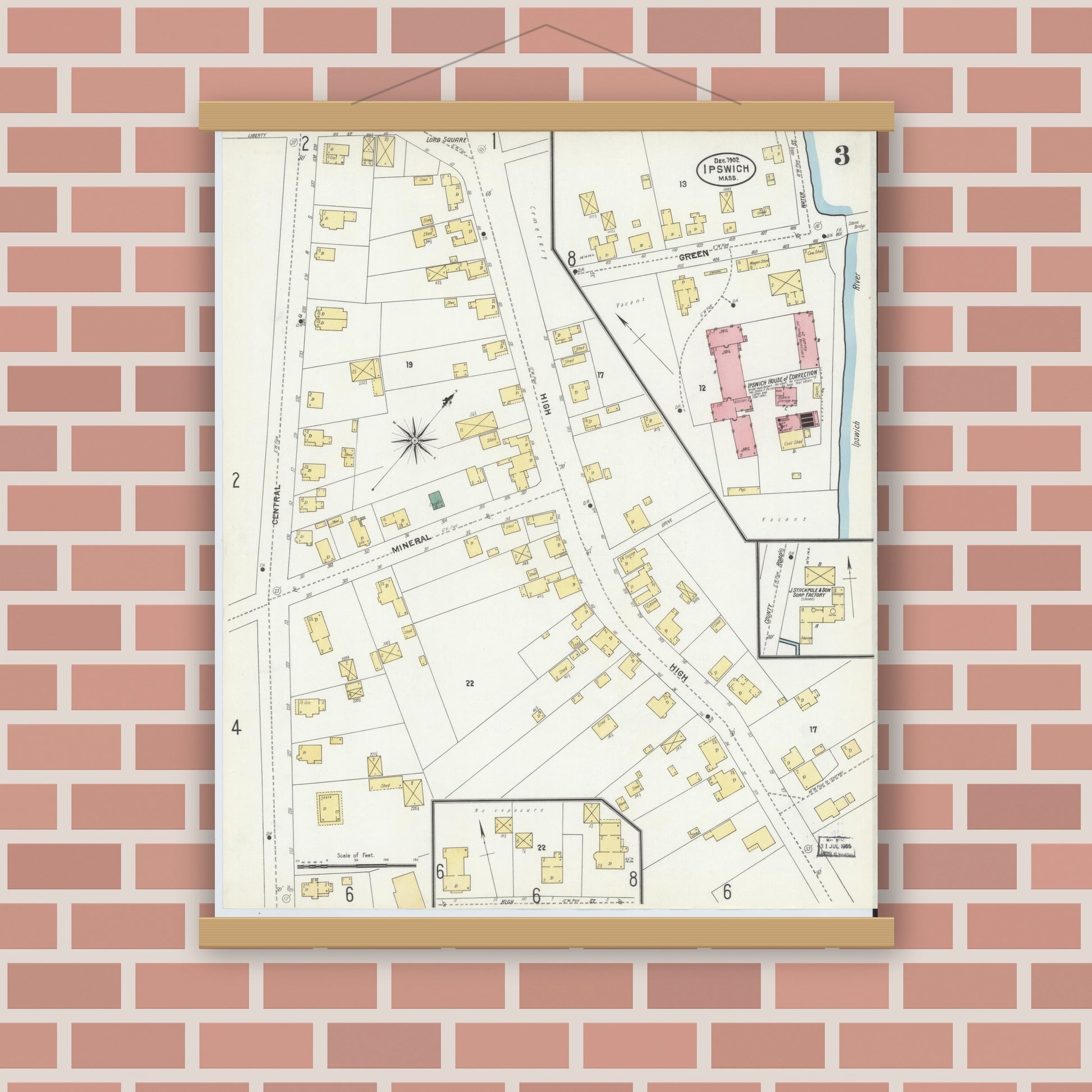 Old map wall art mockup — magnetic wood frame on brick wall — Sanborn Fire Insurance Map from Ipswich, Essex County, Massachusetts (1902), Sheet #0003