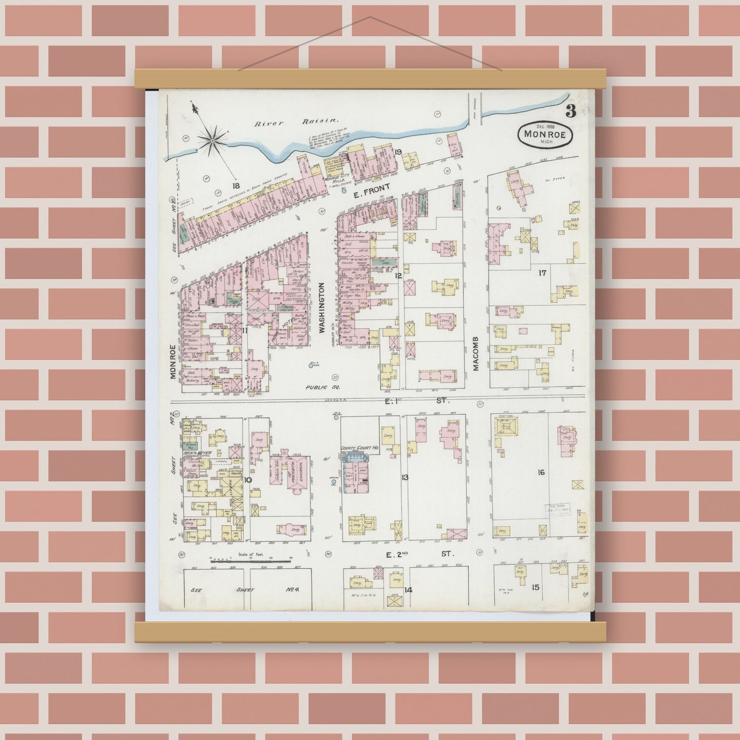 Old map wall art mockup — magnetic wood frame on brick wall — Sanborn Fire Insurance Map from Monroe, Monroe County, Michigan (1888), Sheet #0003