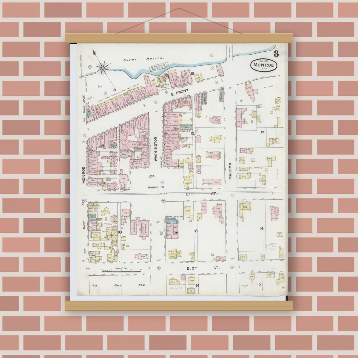Old map wall art mockup — magnetic wood frame on brick wall — Sanborn Fire Insurance Map from Monroe, Monroe County, Michigan (1888), Sheet #0003
