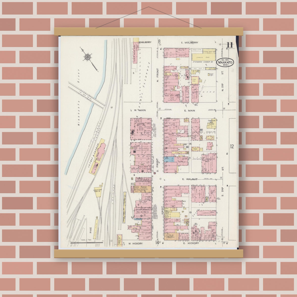 Old map wall art mockup — magnetic wood frame on brick wall — Sanborn Fire Insurance Map from Mankato, Blue Earth County, Minnesota (1914), Sheet #0011