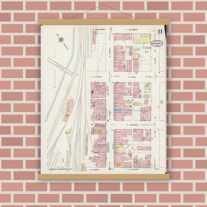 Old map wall art mockup — magnetic wood frame on brick wall — Sanborn Fire Insurance Map from Mankato, Blue Earth County, Minnesota (1914), Sheet #0011