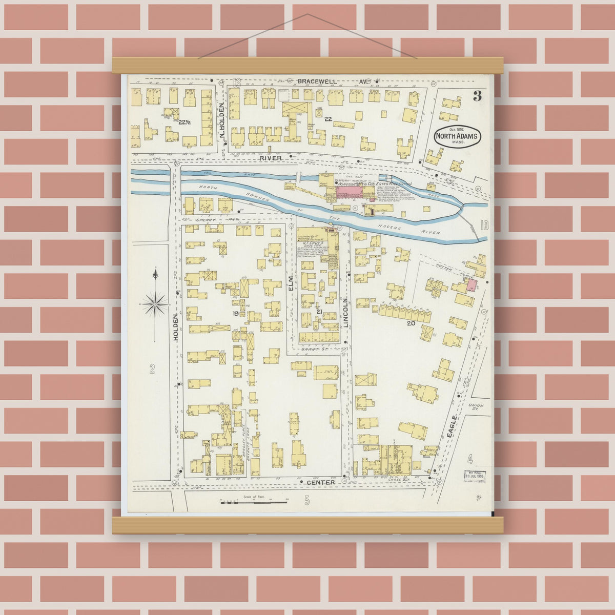 Old map wall art mockup — magnetic wood frame on brick wall — Sanborn Fire Insurance Map from North Adams, Berkshire County, Massachusetts (1892), Sheet #0003
