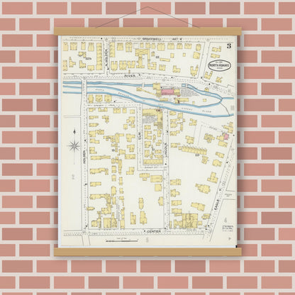 Old map wall art mockup — magnetic wood frame on brick wall — Sanborn Fire Insurance Map from North Adams, Berkshire County, Massachusetts (1892), Sheet #0003