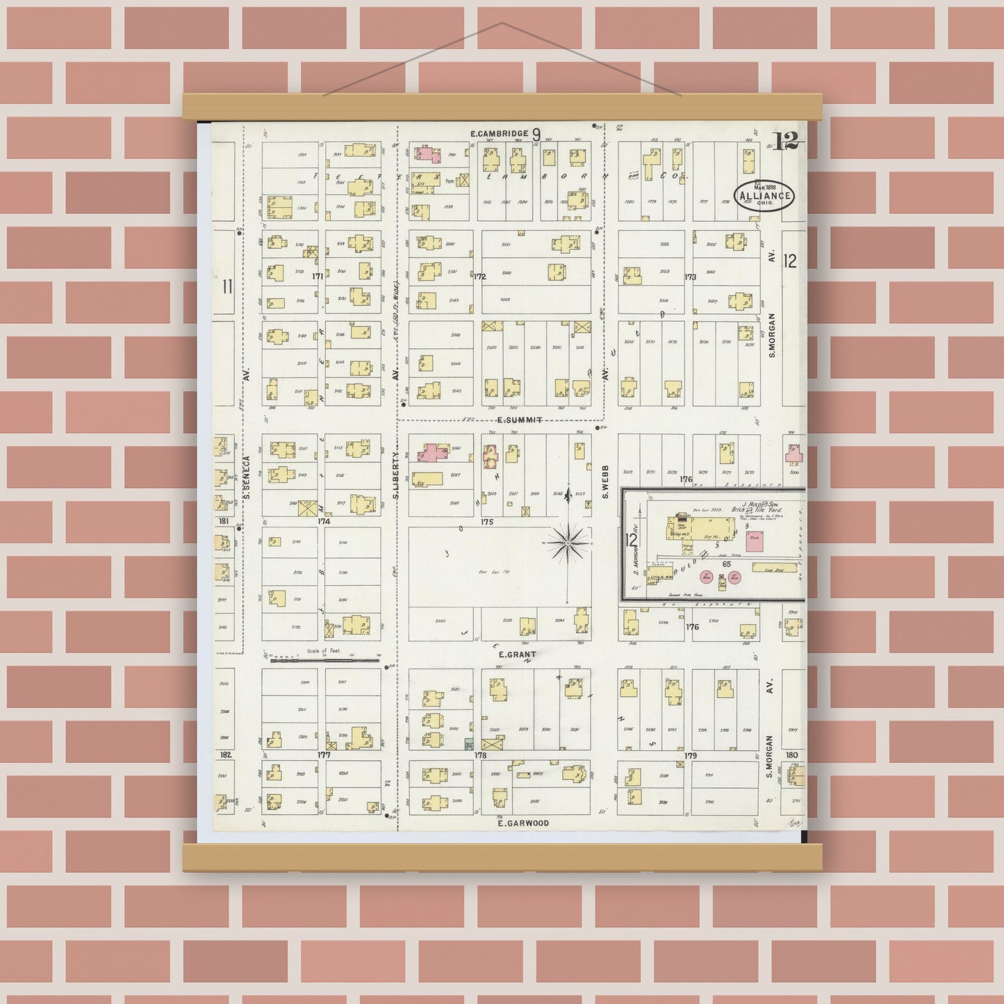 Old map wall art mockup — magnetic wood frame on brick wall — Sanborn Fire Insurance Map from Alliance, Stark County, Ohio (1898), Sheet #0012