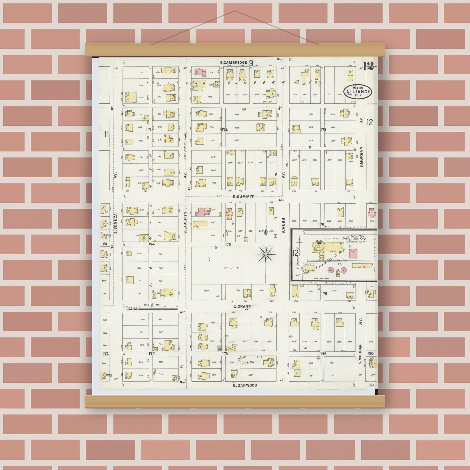 Old map wall art mockup — magnetic wood frame on brick wall — Sanborn Fire Insurance Map from Alliance, Stark County, Ohio (1898), Sheet #0012