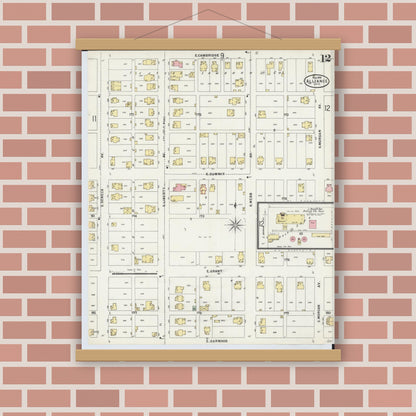 Old map wall art mockup — magnetic wood frame on brick wall — Sanborn Fire Insurance Map from Alliance, Stark County, Ohio (1898), Sheet #0012