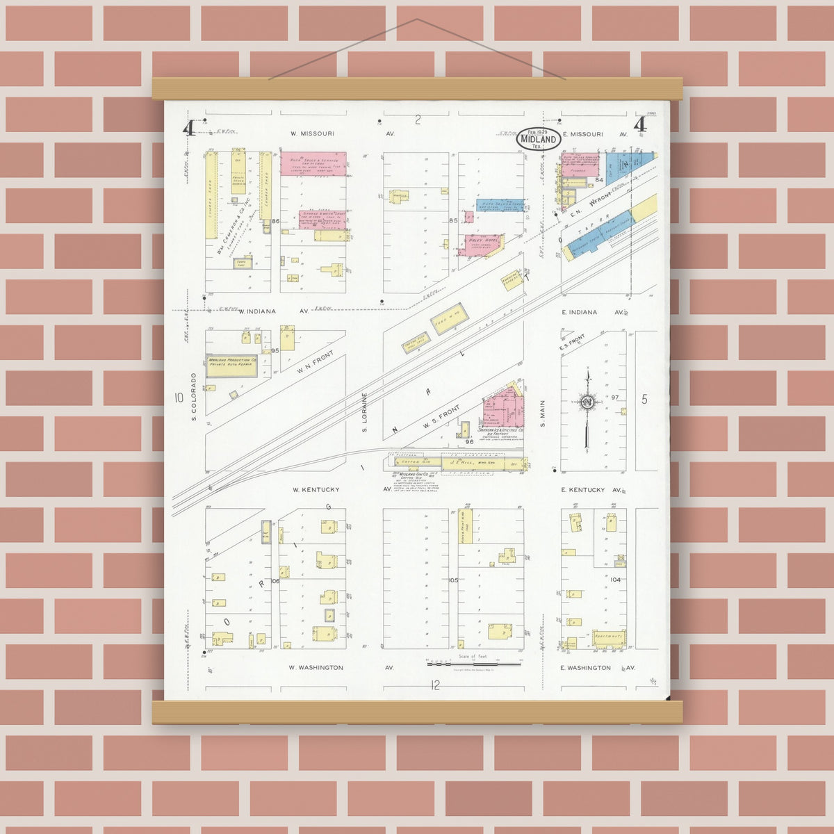 Old map wall art mockup — magnetic wood frame on brick wall — Sanborn Fire Insurance Map from Midland, Midland County, Texas (1929), Sheet #0004