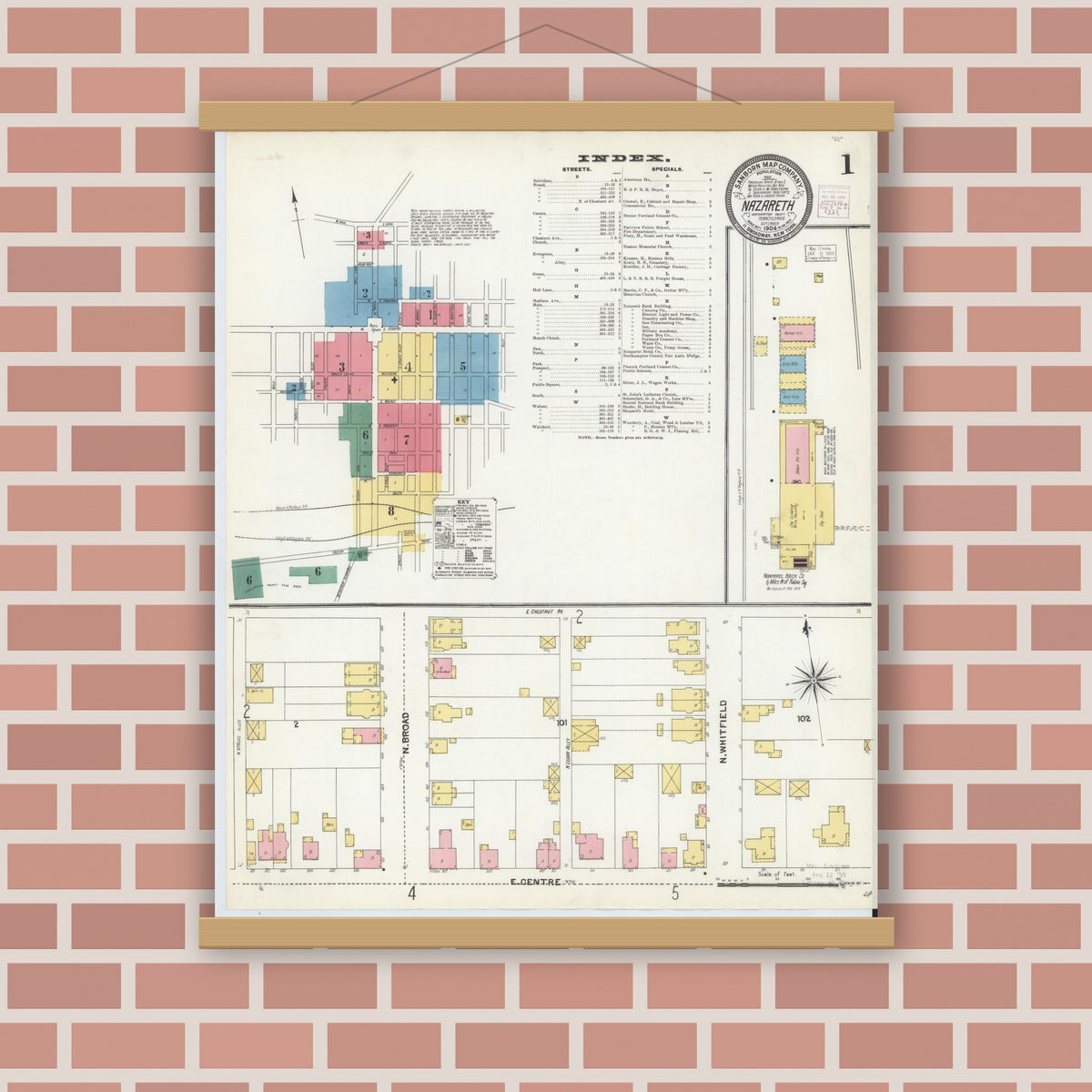 Old map wall art mockup — magnetic wood frame on brick wall — Sanborn Fire Insurance Map from Nazareth, Northampton County, Pennsylvania (1904), Sheet #0001