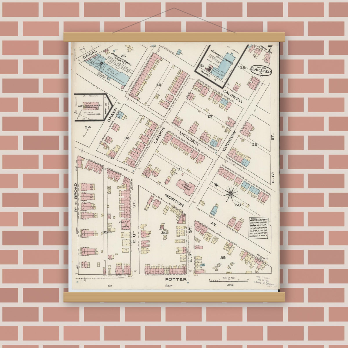 Old map wall art mockup — magnetic wood frame on brick wall — Sanborn Fire Insurance Map from Chester, Delaware County, Pennsylvania (1885), Sheet #0007