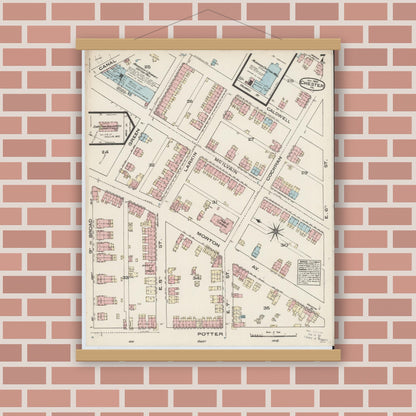 Old map wall art mockup — magnetic wood frame on brick wall — Sanborn Fire Insurance Map from Chester, Delaware County, Pennsylvania (1885), Sheet #0007
