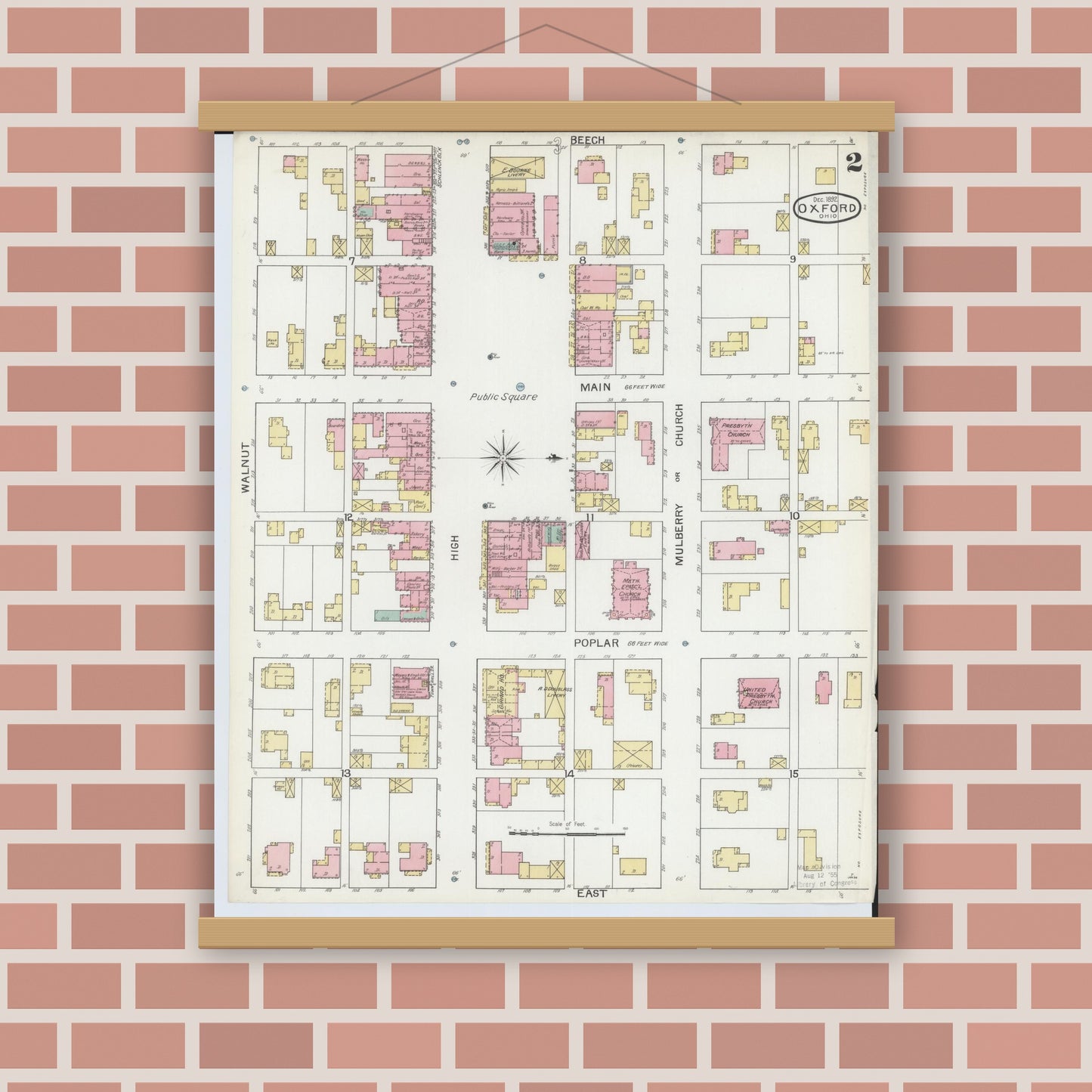 Old map wall art mockup — magnetic wood frame on brick wall — Sanborn Fire Insurance Map from Oxford, Butler County, Ohio (1892), Sheet #0002