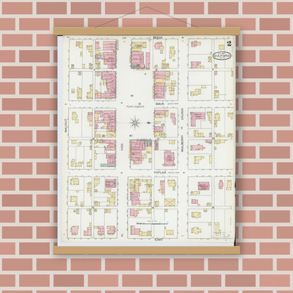 Old map wall art mockup — magnetic wood frame on brick wall — Sanborn Fire Insurance Map from Oxford, Butler County, Ohio (1892), Sheet #0002