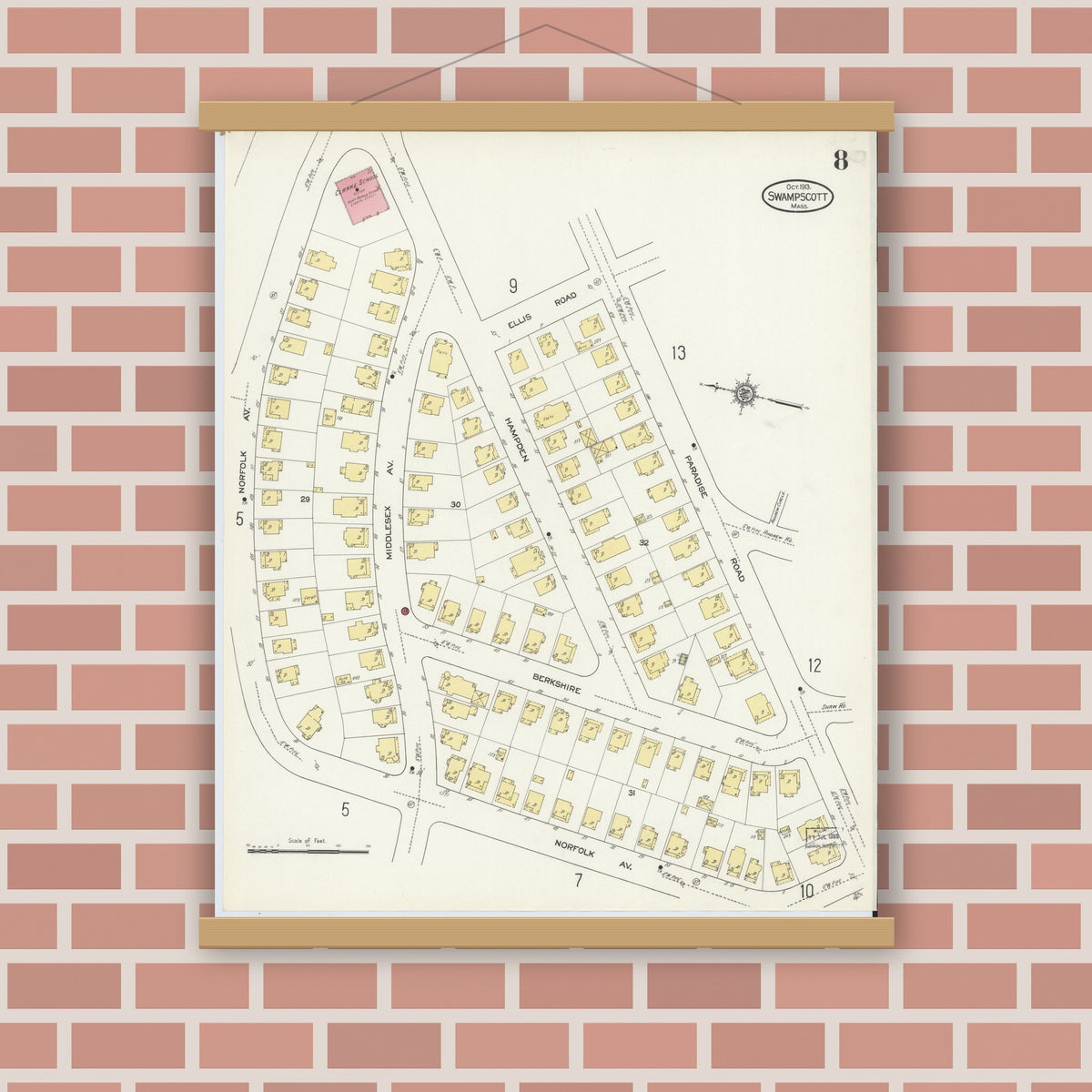 Old map wall art mockup — magnetic wood frame on brick wall — Sanborn Fire Insurance Map from Swampscott, Essex County, Massachusetts (1913), Sheet #0008