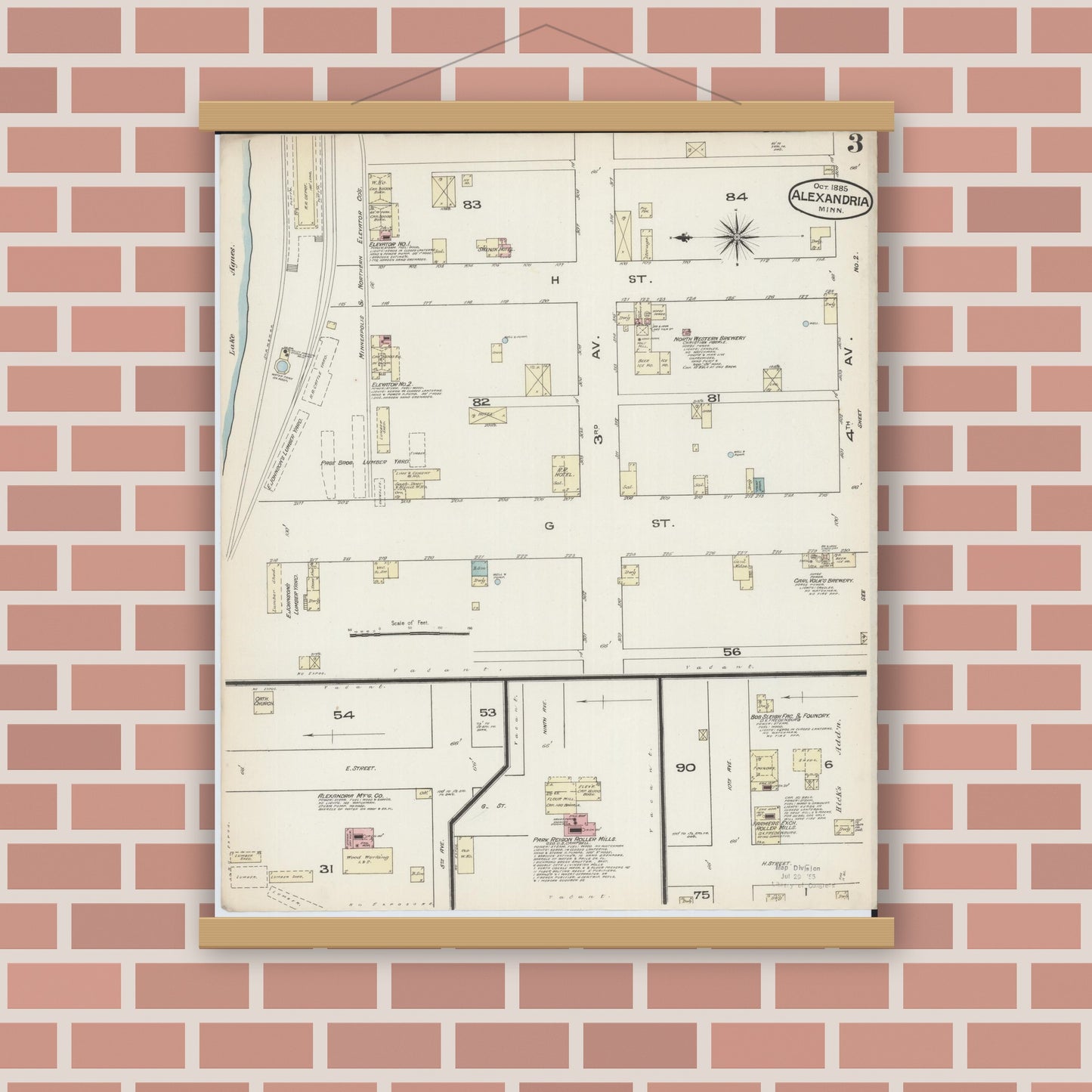 Old map wall art mockup — magnetic wood frame on brick wall — Sanborn Fire Insurance Map from Alexandria, Douglas County, Minnesota (1885), Sheet #0003
