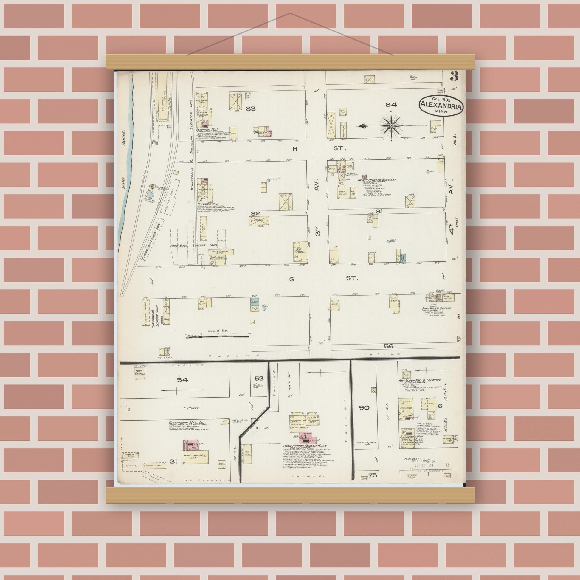 Old map wall art mockup — magnetic wood frame on brick wall — Sanborn Fire Insurance Map from Alexandria, Douglas County, Minnesota (1885), Sheet #0003