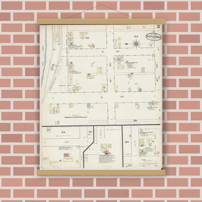 Old map wall art mockup — magnetic wood frame on brick wall — Sanborn Fire Insurance Map from Alexandria, Douglas County, Minnesota (1885), Sheet #0003