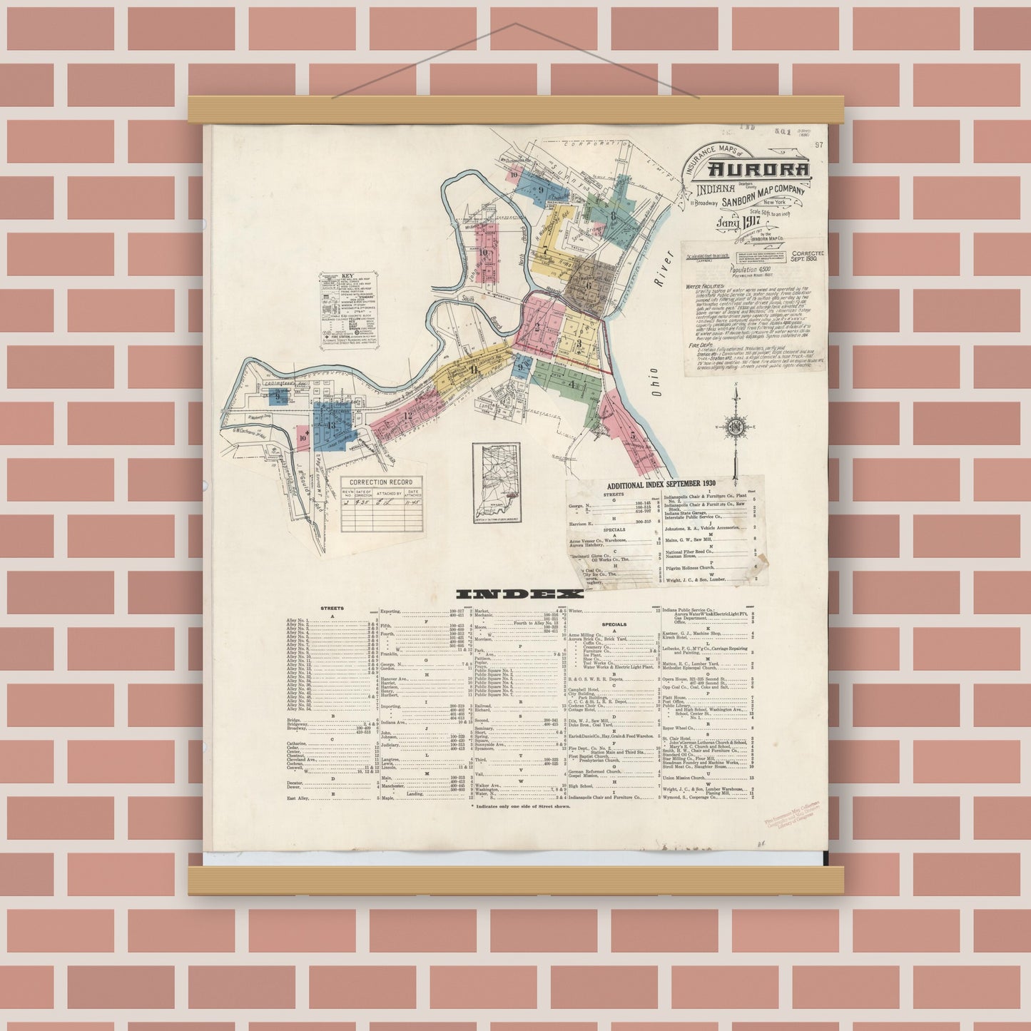 Old map wall art mockup — magnetic wood frame on brick wall — Sanborn Fire Insurance Map from Aurora, Dearborn County, Indiana (1935), Sheet #0001