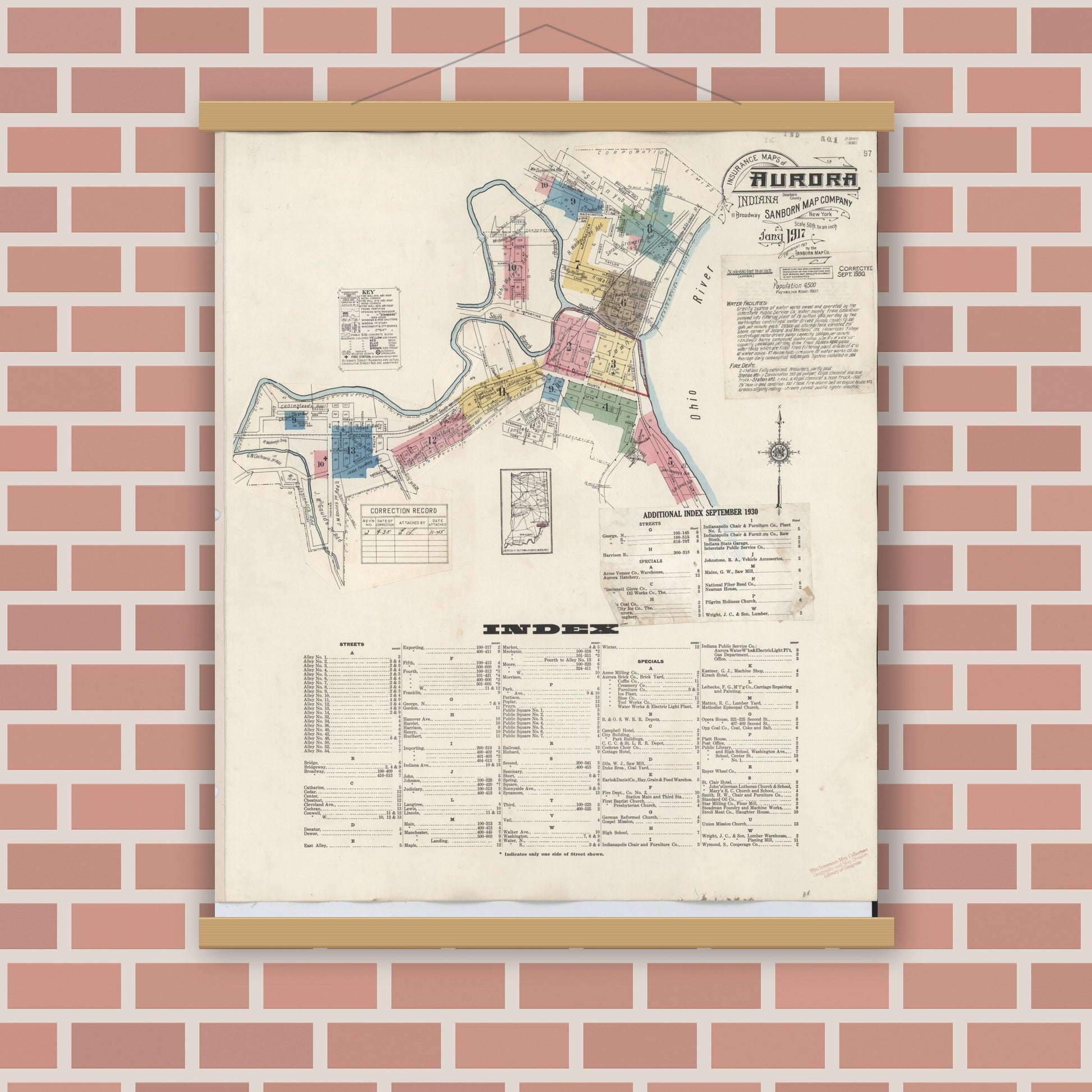 Old map wall art mockup — magnetic wood frame on brick wall — Sanborn Fire Insurance Map from Aurora, Dearborn County, Indiana (1935), Sheet #0001