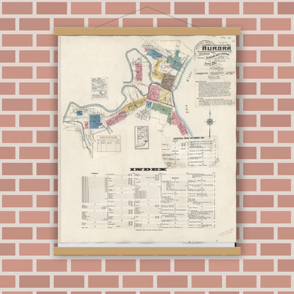 Old map wall art mockup — magnetic wood frame on brick wall — Sanborn Fire Insurance Map from Aurora, Dearborn County, Indiana (1935), Sheet #0001