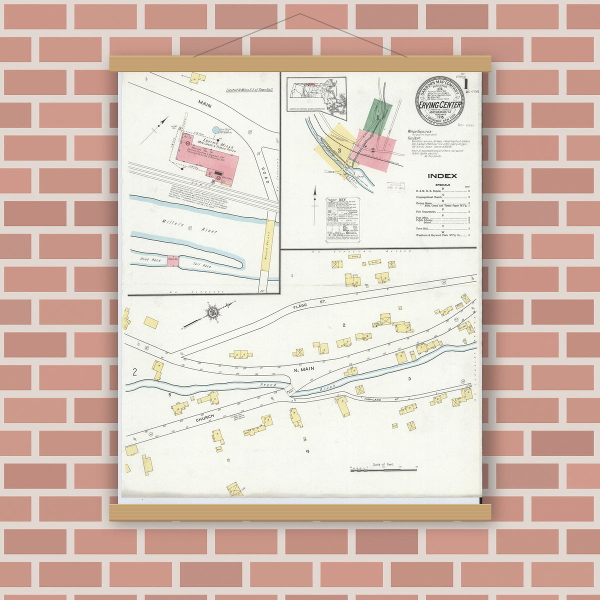 Old map wall art mockup — magnetic wood frame on brick wall — Sanborn Fire Insurance Map from Erving Center, Franklin County, Massachusetts (1915) - Complete Map Set
