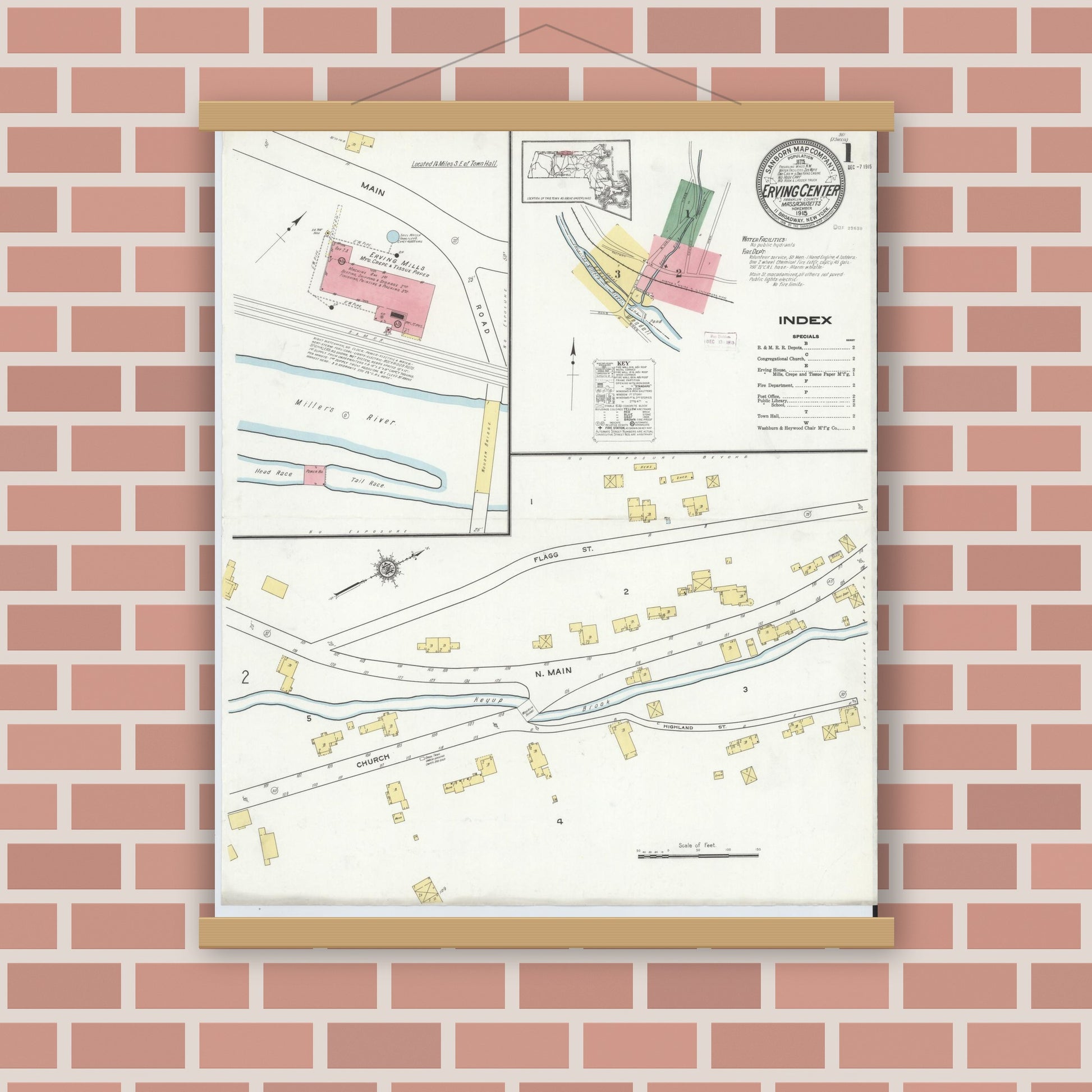 Old map wall art mockup — magnetic wood frame on brick wall — Sanborn Fire Insurance Map from Erving Center, Franklin County, Massachusetts (1915) - Complete Map Set