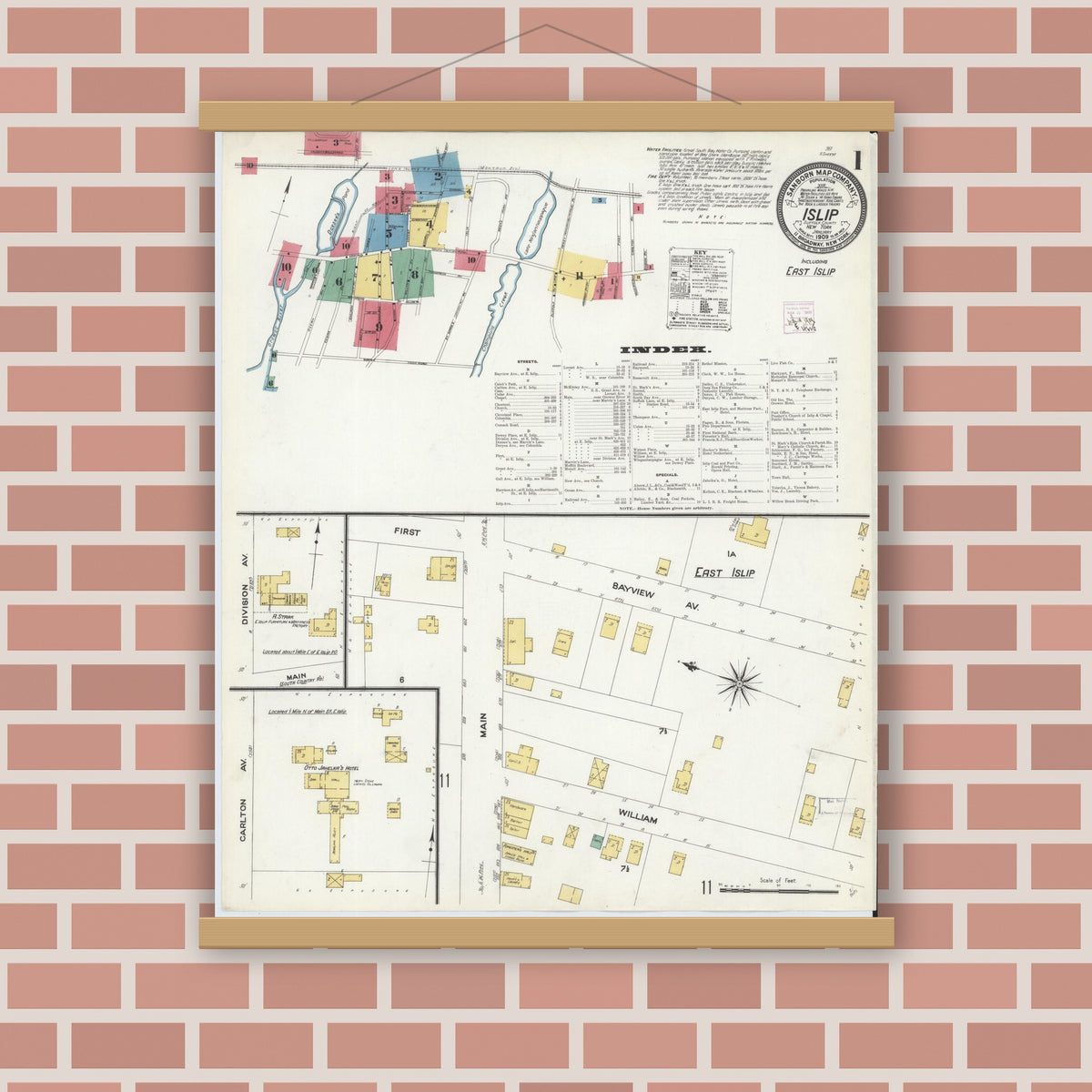 Old map wall art mockup — magnetic wood frame on brick wall — Sanborn Fire Insurance Map from Islip, Suffolk County, New York (1909), Sheet #0001