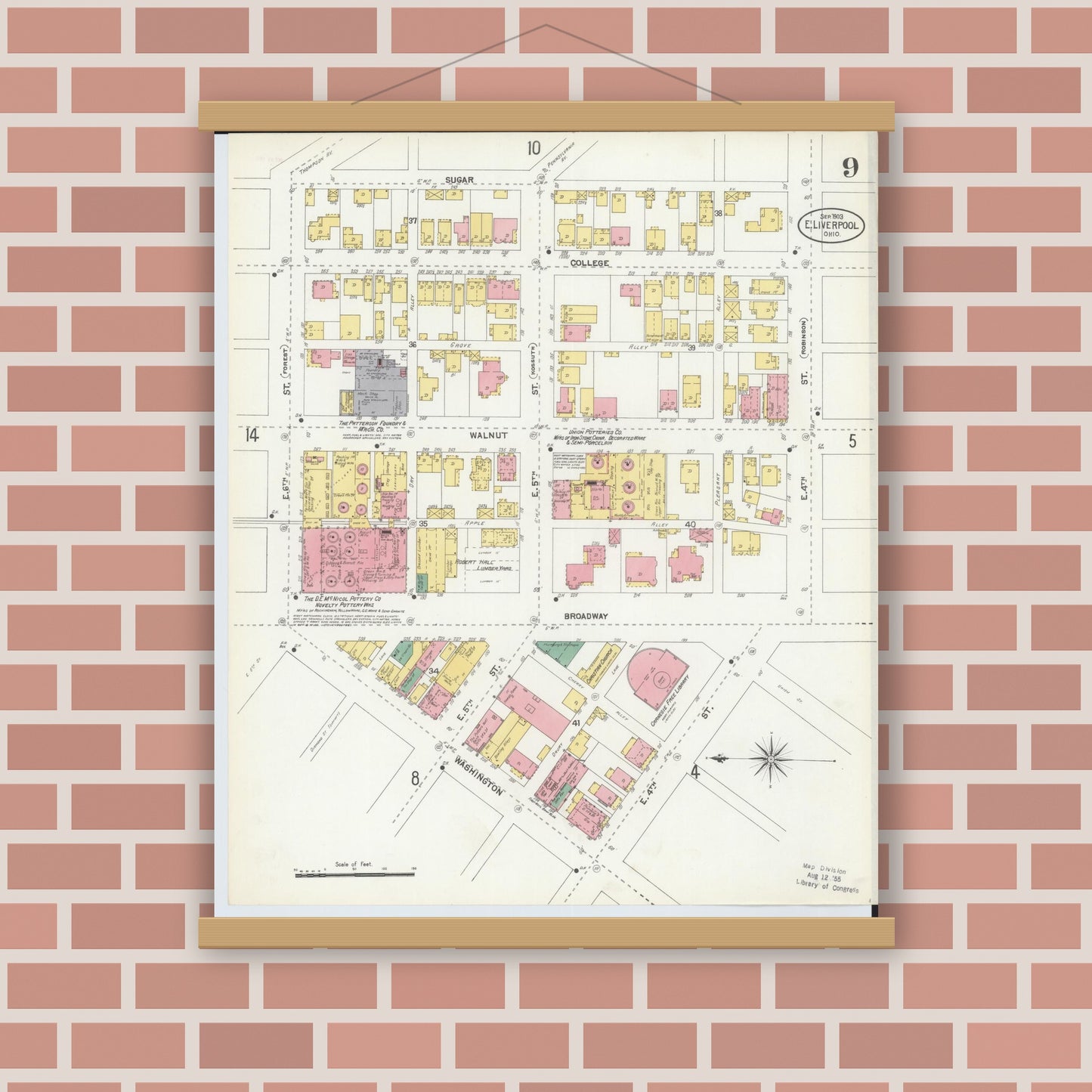 Old map wall art mockup — magnetic wood frame on brick wall — Sanborn Fire Insurance Map from East Liverpool, Columbiana County, Ohio (1903), Sheet #0009